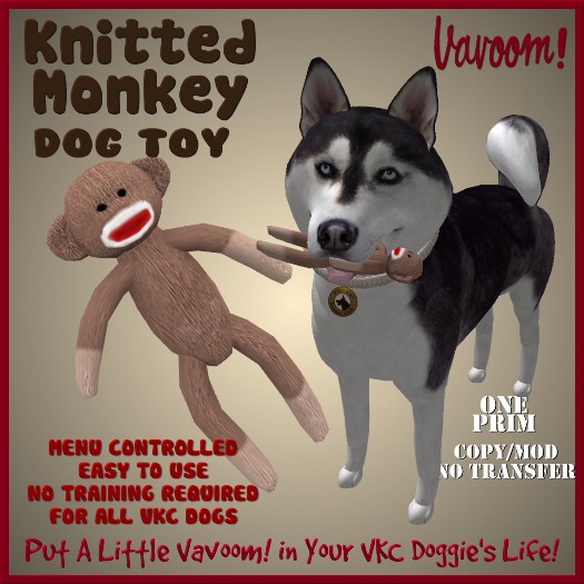 Knitted Sock Monkey Pet Toy By Vavoom! - Toys and Accessories for Virtual Kennel Club (VKC®) Pets -No Training Required