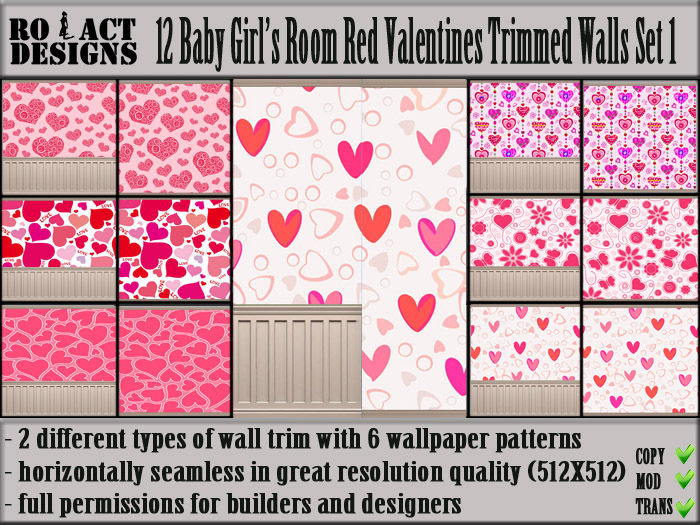 Ro!Act Designs 12 Baby Girl's Room Red Valentines Trimmed Walls Set 1