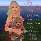 TB11 Cute Love You Teddy Bear with Red Poppies Bow (Wear Me)