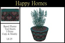 H.Homes ~ Barrel Planter ~ Teal Hearts