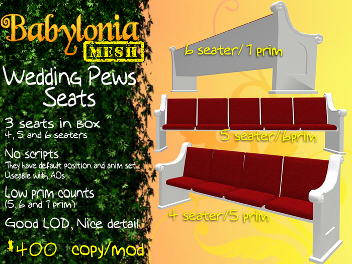 Babylonia: Wedding Pews Seats