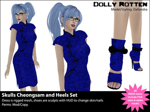 :: Dolly Rotten :: Mesh Cheongsam & Heels Set Blue