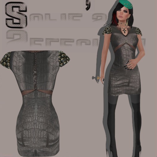 <S> Mesh V-neck Leather Dress