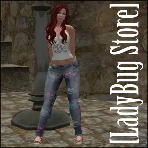 [LadyBug Store]Light Blue Jeans Skulls Neon Mesh