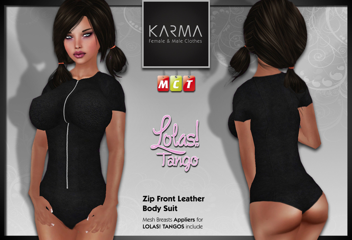 Karma - Zip Front Leather Body Suit with Lolas! Tango Appliers