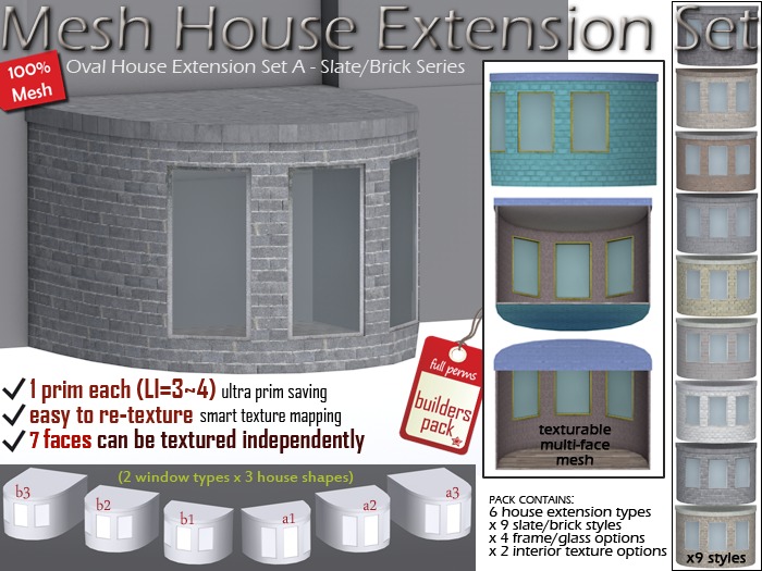 Second Life Marketplace Mesh Oval House Extension Set A [Full Perm