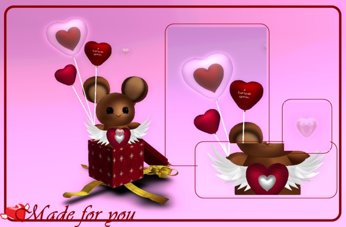 Mousy holding balloons inside a giftbox