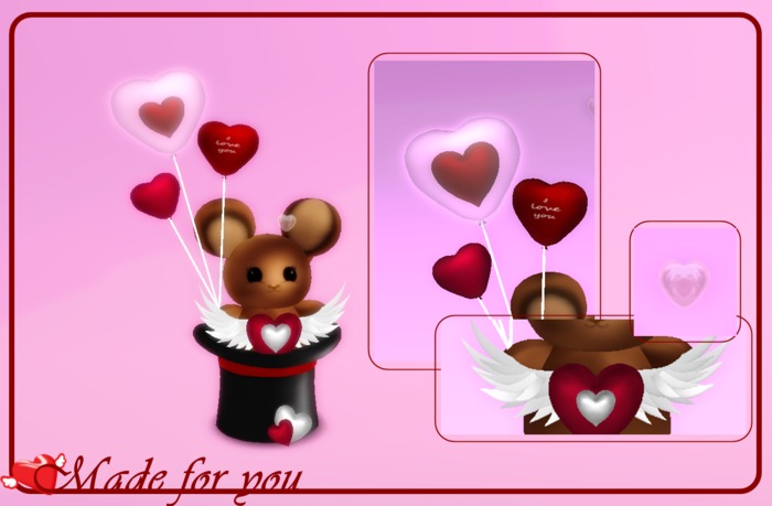 Mousy holding balloons inside a giftbox