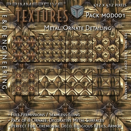 [MOD001] 8 Seamless Gold and Brass Textures with Ornate Surface Detailing for Ceremonial Decor by E&D ENGINEERING