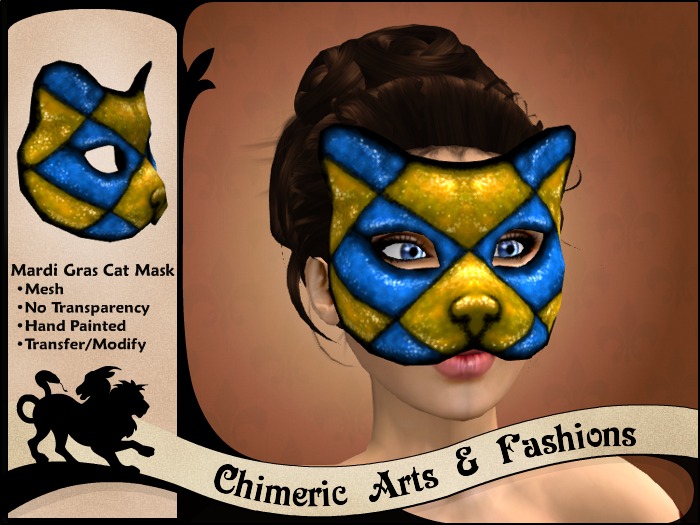 ~Chimeric Fashions~ Mardi Gras Cat Mask Box (Blue & Gold)