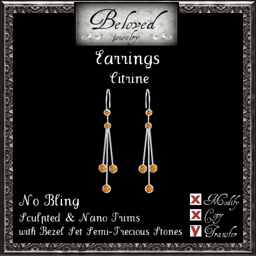 Beloved Jewelry : Silver Dangle Earrings-Bezel Citrine