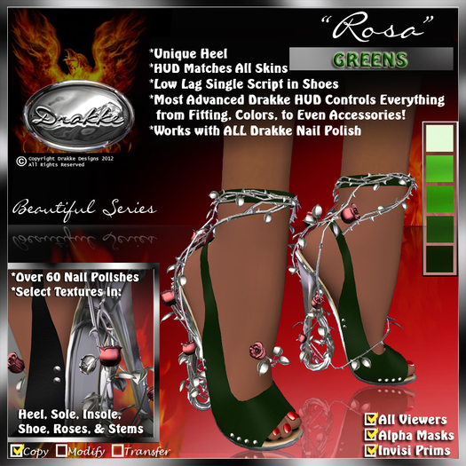 Drakke! "Rosa" Stilettos (Greens) ~ (works with All Viewers, Includes Alpha Masks & Invisi Prims)