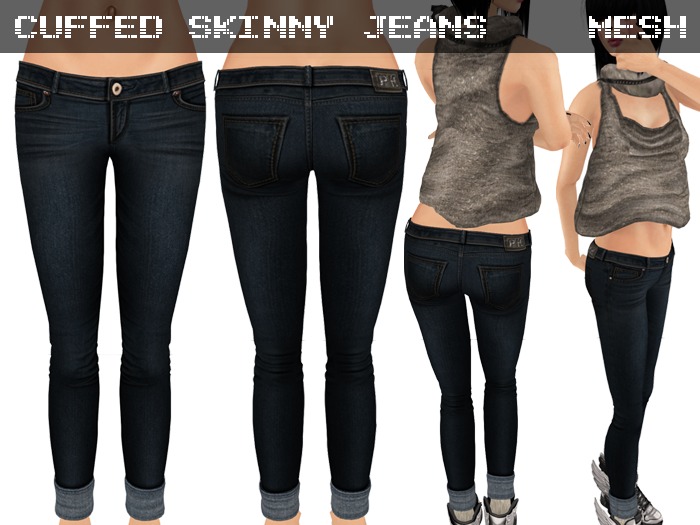 Cuffed Skinny Jeans Dark Blue - Mesh