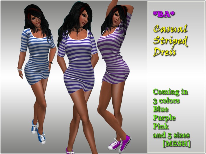 *BA* Casual Striped Dress (Blue, Purple, Pink)