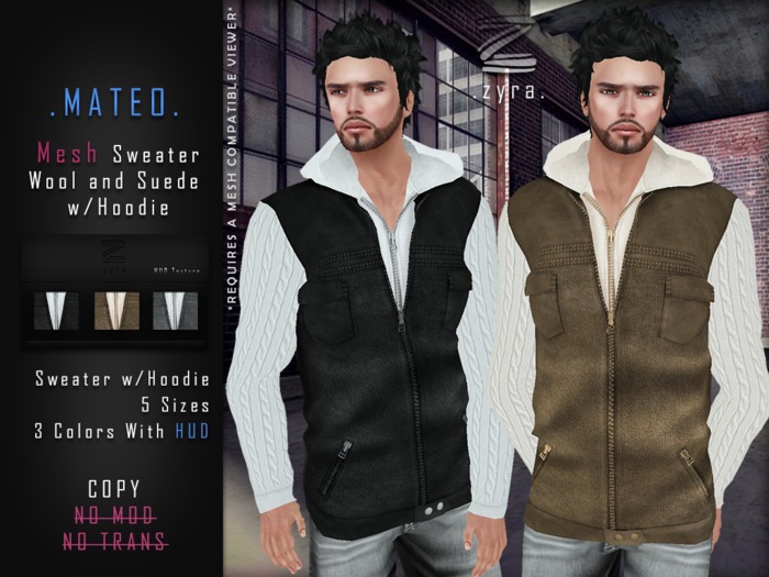 >> Zyra << MATEO SWEATER w/HOODIE 3 Textures (Via HUD) ~ Mesh ~ ++ PROMO ++