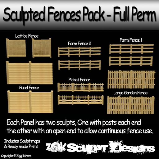 Z@K Sculpted Fence Pack 1 - 12 Sculpts - Full Perm - One Prim - Prefab