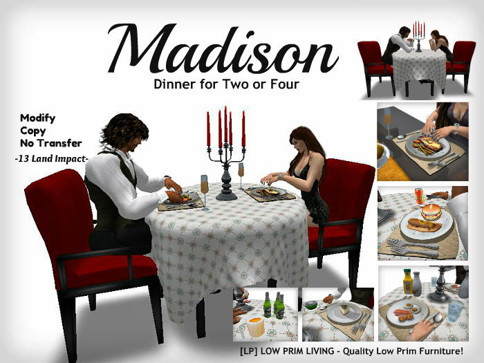 [LPL] Madison Dining Set - w/ food & drinks menu, texture change, fully animated, rezzable food 
