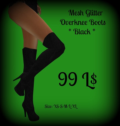 MESH Glitter Overknee Boots BLACK