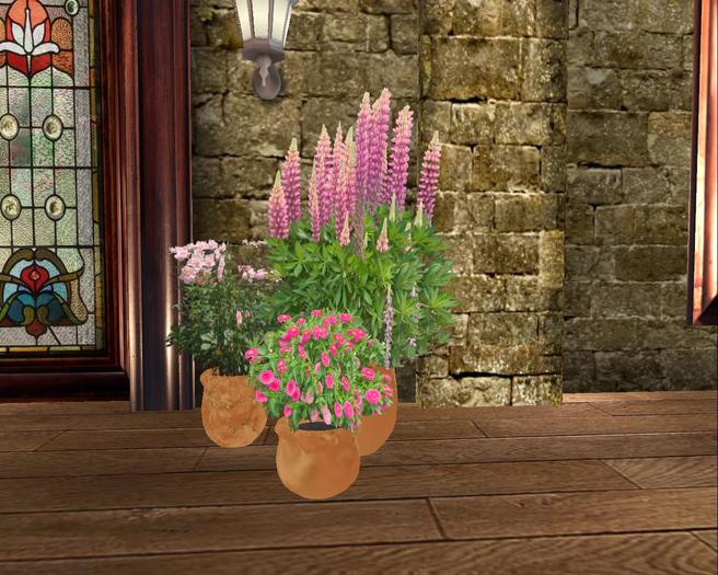 Mesh 3 Potted Plants, Pinks - 1 Prim