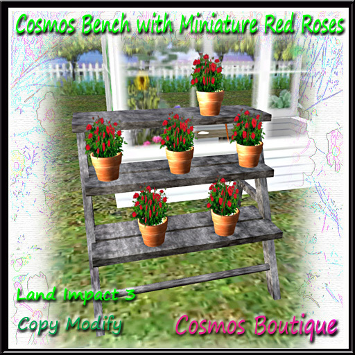 Cosmos Bench with Miniature Red Roses (BOX)