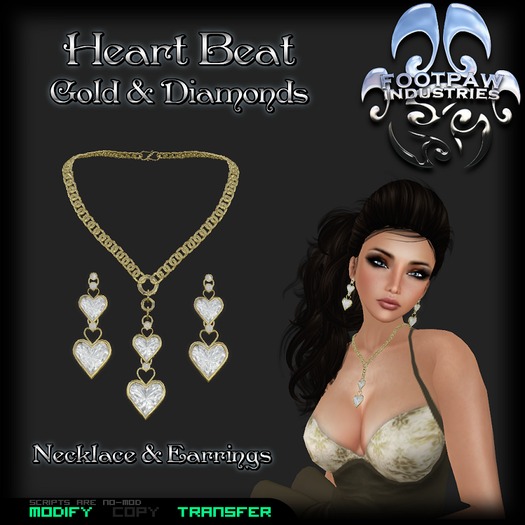 [FPI] Heart Beat Gold & Diamonds - Lovely Heart Necklace and Earrings Set, A Great Gift!