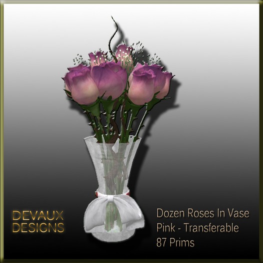 *DD* Dozen Roses w/Diamonds in Glass Vase - Pink