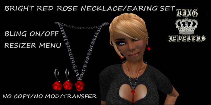 KJ-BRIGHT RED ROSE NECKLACE/EARING SET (BOXED)