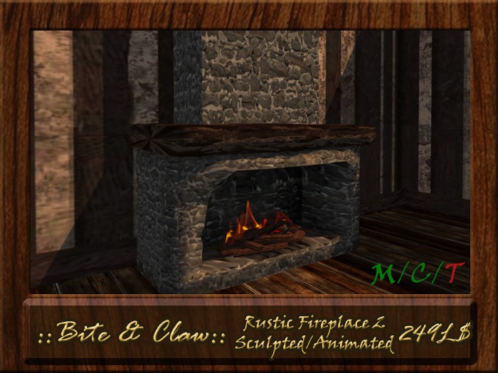::B&C:: Rustic Fireplace 2 with animated flames - 6 prims - Mod/Copy version