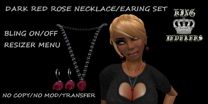 KJ-DARK RED ROSE NECKLACE/EARING SET (BOXED)