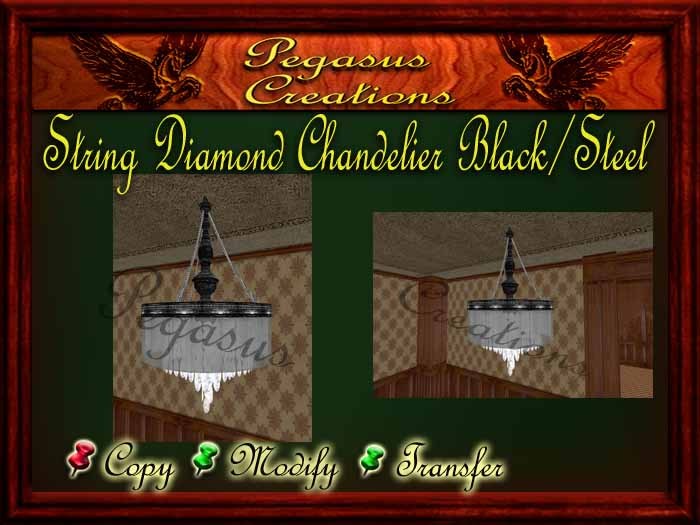 String Diamond Chandelier Black with steel colored organza