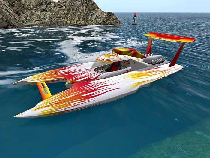 FIRE & WHITE HYDROPLANE RACING BOAT