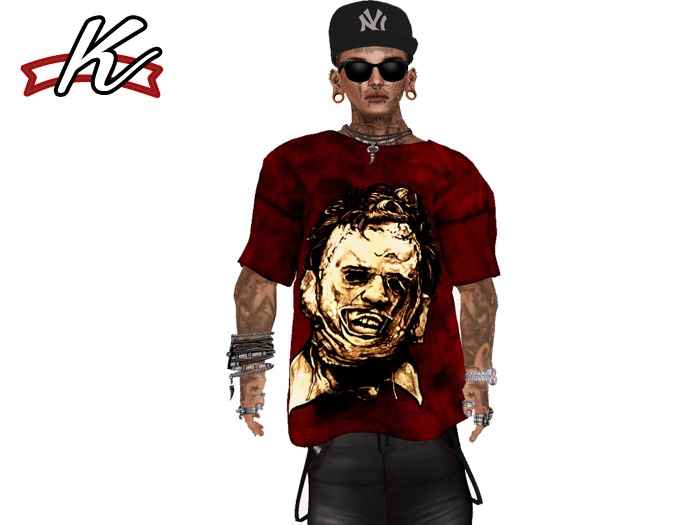 [K] Loose male T-Shirt Leather face [Mesh]