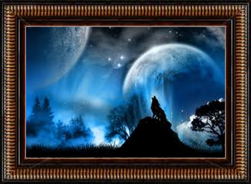 Wolf Graphics Art howling with two moons in background framed and ready to place on your wall
