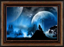 Wolf Graphics Art howling with two moons in background framed and ready to place on your wall