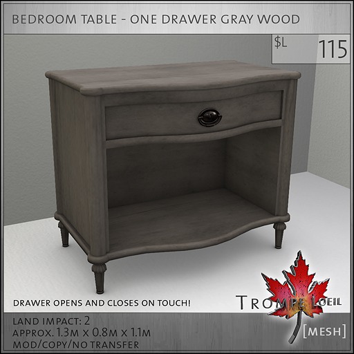 Trompe Loeil - Gramercy Bedroom Table One Drawer Gray [mesh]