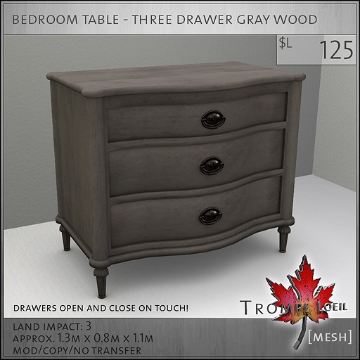 Trompe Loeil - Gramercy Bedroom Table Three Drawer Gray [mesh]