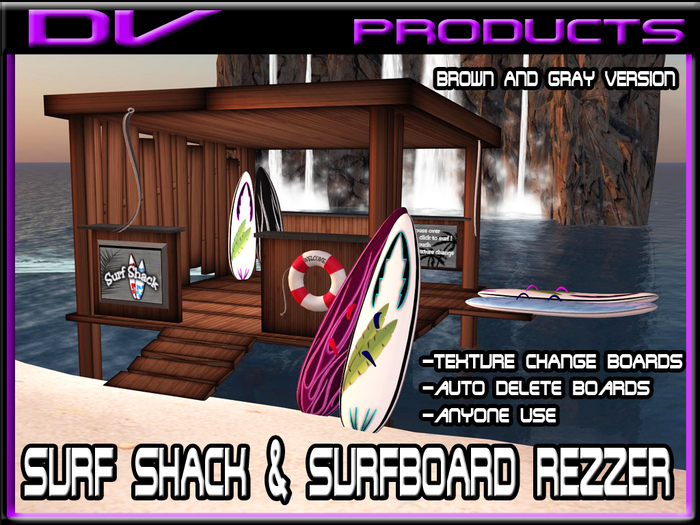 DV Surf Shack  gray/brown wood version inlc scripted Surfboards rezzer system complete 14 prims