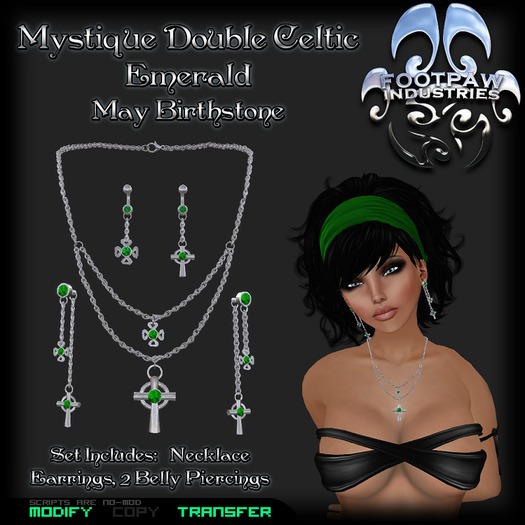 [FPI] Mystique Double Celtic Emerald - Necklace, Earrings & 2 Belly Piercings Jewelry set