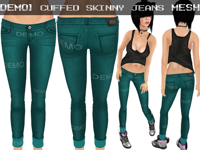 DEMO Cuffed Skinny Jeans Turquoise - Mesh