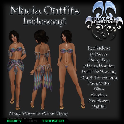 [FPI] Mucia Outfits Iridescent - 13 Piece Ensemble with Top, 2 Bottoms, 2 Sarongs, Silks, Arm Silks, Sandles, Necklace, 
