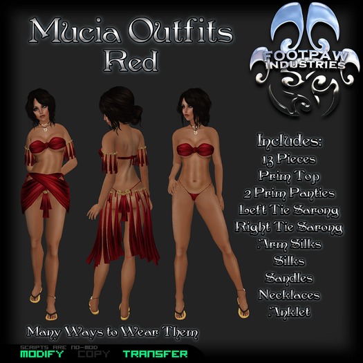 [FPI] Mucia Outfits Red - 13 Piece Ensemble with Top, 2 Bottoms, 2 Sarongs, Silks, Arm Silks, Sandles, Necklace, anklet