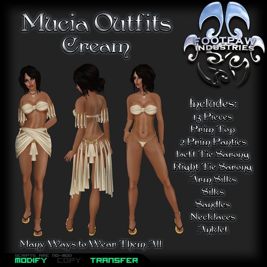 [FPI] Mucia Outfits Cream - 13 Piece Ensemble with Top, 2 Bottoms, 2 Sarongs, Silks, Arm Silks, Sandles, Necklace, ankle