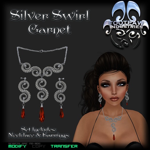 [FPI] Silver Swirl Garnet - Necklace, Earrings Jewelry set