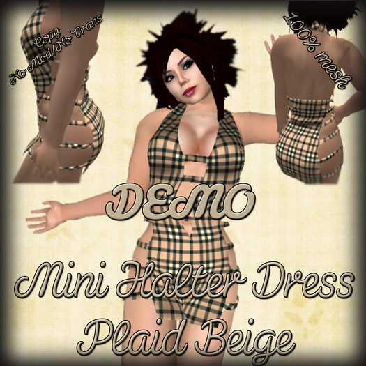 *DEMO* Beige Plaid Mini Halter Dress - 100 % Mesh - Copy/NoMod/No Trans