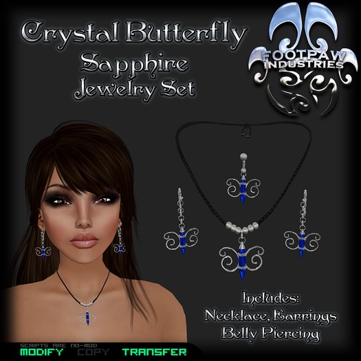 [FPI] Crystal Butterfly Set Sapphire - Jewelry Set Necklace, Earrings, Belly Piercing