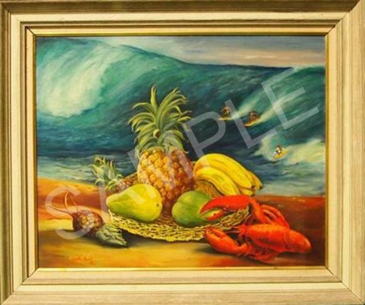 SURFERS FRUIT & LOBSTER PAINTING framed, mod / copy