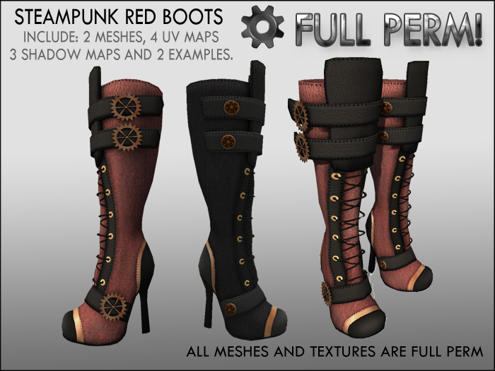 STEAMPUNK RED & BLACK  BOOTS -  Mesh Full perm