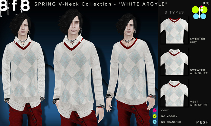 WHITE ARGYLE V-Neck Sweater