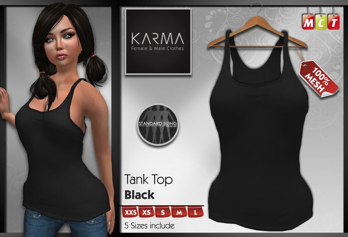 Karma - Mesh Tank Top Black - 5 SIzes include