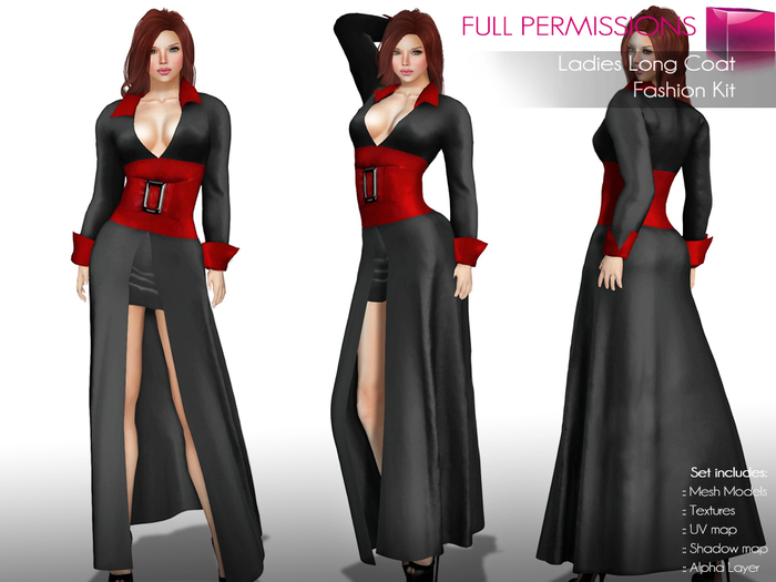 RIGGED MESH Women's Female Ladies Deep Cleavage Long Sleeve Closed Front Long Coat Outfit with Belt